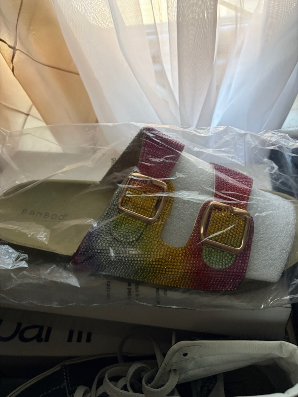 BAMBOO Rainbow Crystal Double Buckle Slide Sandal